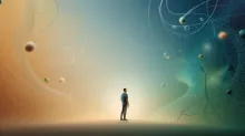 Minimal abstract illustration of a human figure standing between two contrasting environments, symbolizing the interaction between protein, fiber, and the gut microbiome system