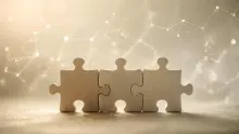 Three puzzle pieces almost connected, symbolizing how food structure and nutrients must align to support satiety and balance.