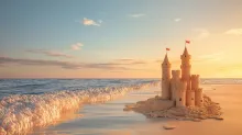 Sandcastle standing beside an incoming ocean wave at sunset, symbolizing temporary progress, adaptation, and the fragile nature of short-term change.