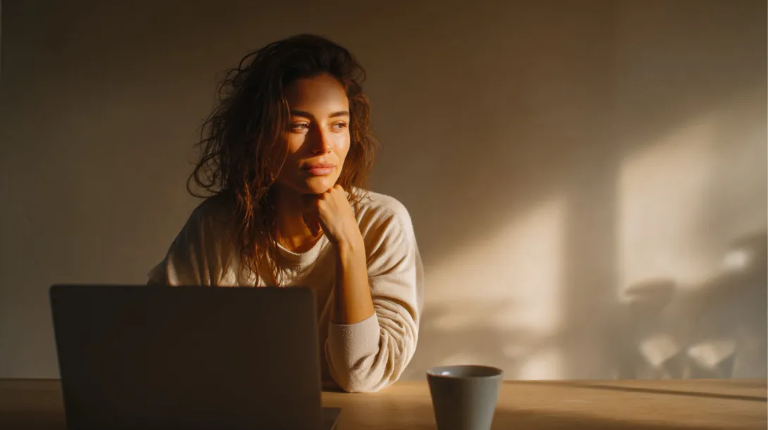 Young man working on laptop at night, thoughtful expression, warm ambient light