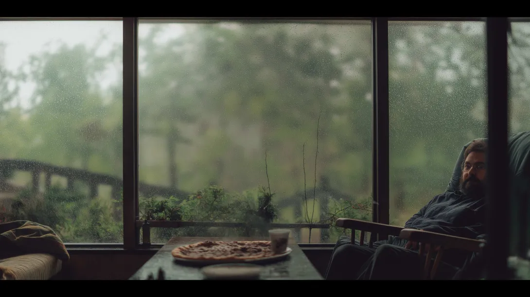 A calm man ignores food while sitting by a rainy window — a visual metaphor for appetite suppression.