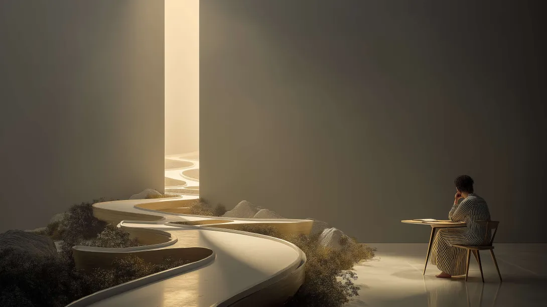Minimalist surreal scene showing a person sitting at a table beside a winding symbolic pathway leading toward a glowing doorway, representing adaptation, decision-making, and sustainable life systems.