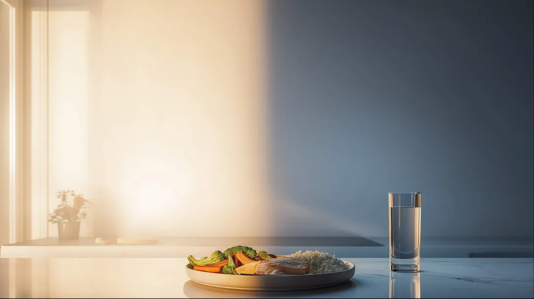 A balanced meal shown between morning and evening light, illustrating how meal timing may influence metabolism and biological rhythms.