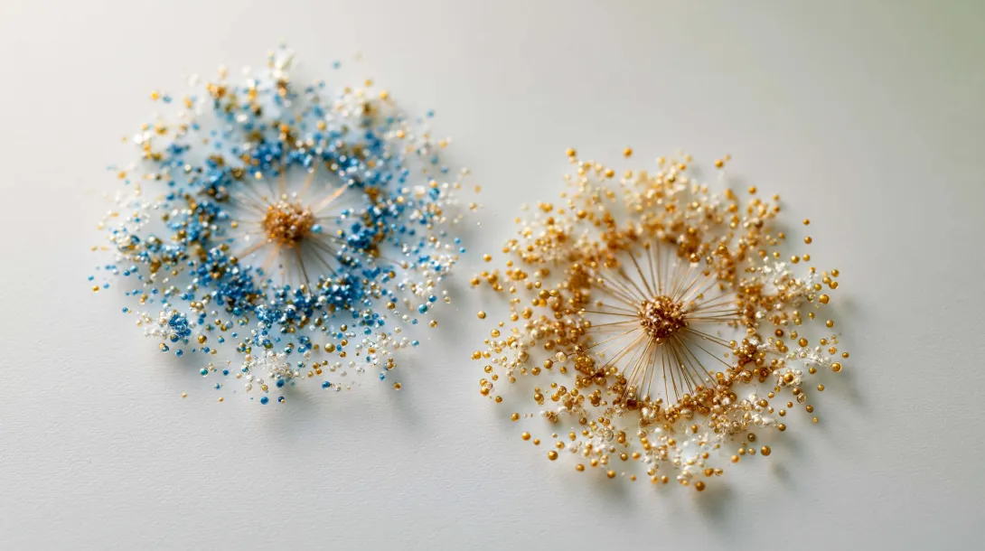 Two abstract molecular patterns in blue and gold, illustrating different biological responses to the same input.